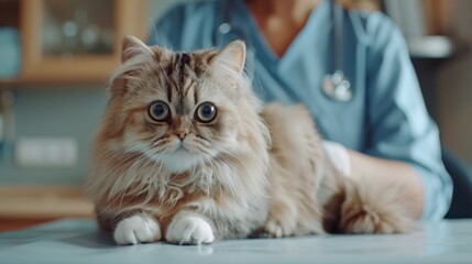 A Persian cat with wide eyes sitting on a veterinary table, accompanied by a caring veterinarian, showcasing a calm and professional setting.