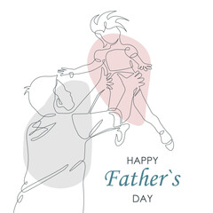 Happy Father with Child Together One Line Vector Illustration. Continuous Single Line Drawing of Parent Holds Child. Happy Father`s Day Card with Hand Drawn Contour Silhouette Outline Style