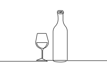 Wine Bottle and Wine Glass One Line Drawing. Glass of Wine Abstract Minimal Simple Linear Drawing. Drink Concept Continuous One Line Illustration. Modern Trendy Contour Drawing. Vector EPS 10.