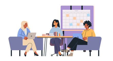 Business meeting teamwork collaboration office scene three colleagues discussing project laptops calendar background modern workspace