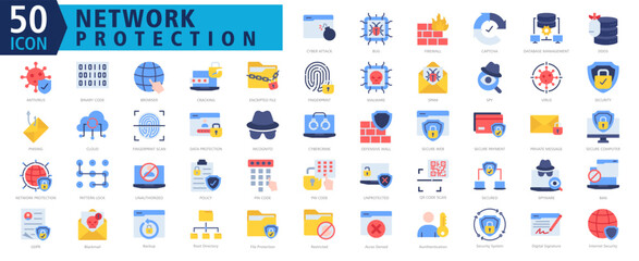 NETWORK PROTECTION ICON SET With Cyber Attack, Bug, Firewall, Captcha, Database Management, Ddos, Antivirus, Binary Code, Browser and Cracking