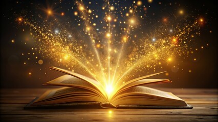 Golden Book Magic Open Book, Glowing Particles, Fantasy, Wooden Table. Magic, Fantasy Book © Working Moments