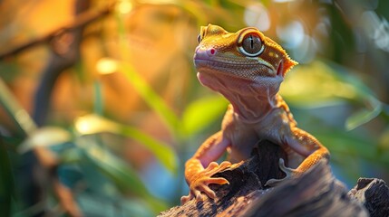 A veterinarian records a crested gecko learning new behaviors in a detailed outdoor setting, capturing its natural environment and actions.