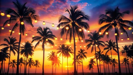 Tropical Sunset Silhouette Palm Trees, String Lights, Vibrant Sky, Sunset Photography Tropical, Palm Trees