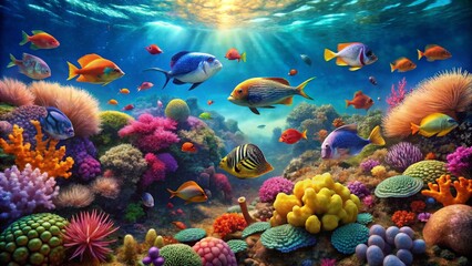 Naklejka premium Vibrant Reef Digital Painting of Colorful Fish and Coral