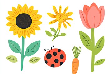 A spring collection of icons with bright, cheerful colors: sunflower, ladybug, carrot, and magnolia flower.