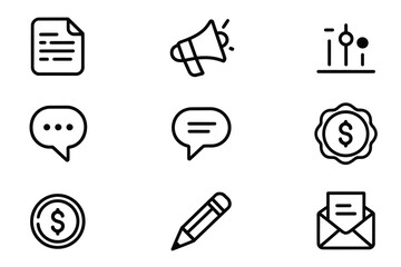 Minimalist Black Line Icon Set for UI/UX Design | Document, Chat, and Functional Symbols