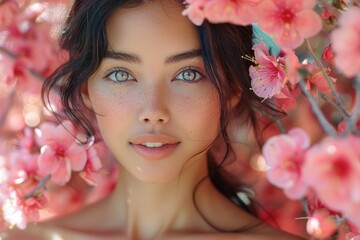 A closeup portrait of asian woman with natural hair and flawless makeup smiling in front of blooming sakura flowers at spring.