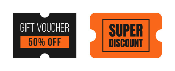 Set discount, promotion coupon templates for special offer with sale text. Concept voucher for announcement, advertising. Black, orange colors. Vector illustration isolated 