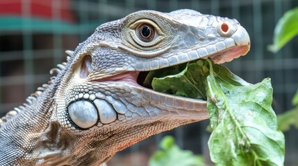 Obraz premium Close-up of an iguana eating green leaves in a zoo with a blurred background