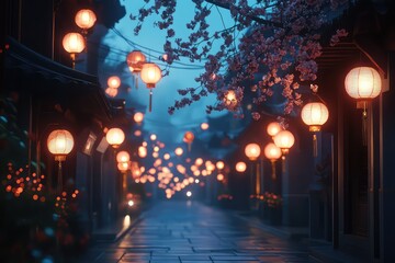 A street lined with Chinese lanterns, glowing warmly in the night, symbolizing happiness and...