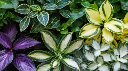 Tradescantia background - Colorful variegated leaves in shades of green, purple, and yellow in a lush garden