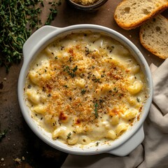 A rich and creamy baked macaroni and cheese with a golden, crispy top and a smooth cheese sauce, served in a white ceramic dish