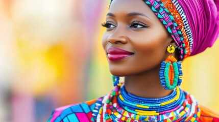 Woman wearing vibrant traditional African attire with colorful beads and headwrap