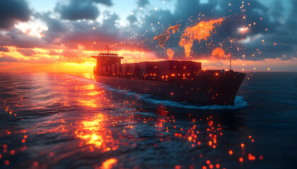 Fototapeta premium Global Cargo Ship Sunset Ocean Trade