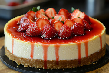 A whole round New York-style cheesecake with a smooth, creamy filling and a graham cracker crust, topped with fresh strawberries and a drizzle of strawberry syrup.
