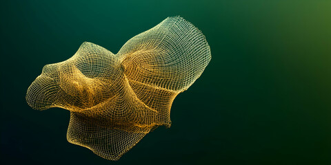 Complex 3D wireframe structure in golden hues, floating with a soft glow against a gradient of deep green and black