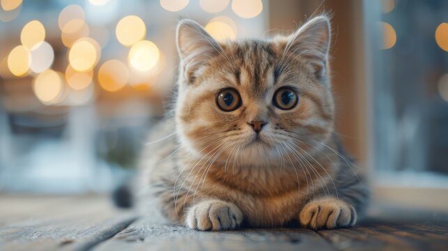 An adorable Scottish Fold kitten with big, curious eyes rests on a wooden surface, its soft fur and innocent gaze capturing hearts.