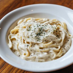 A rich and creamy fettuccine Alfredo with a sprinkle of parmesan cheese, served in a white bowl, Pasta centered