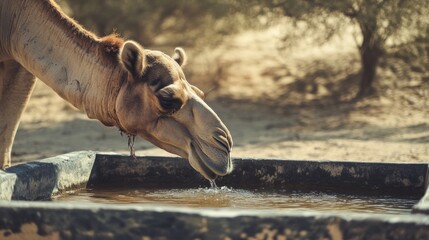Camel quenches its thirst at a water trough in the arid desert landscape