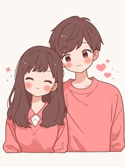 Cute cartoon couple in love, wearing pink and red, with simple lines and flat color blocks. The couple expresses joy and affection