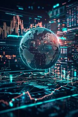 A digital globe with global financial data and graphs, surrounded by glowing holographic charts representing the world's international markets. 