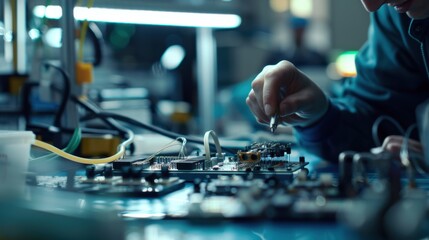A dynamic shot of an assembly line worker assembling electronic components in a clean room manufacturing facility, Electronics assembly scene, Precision assembly style