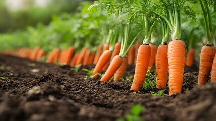 Ripe orange carrots growing in rich dark soil