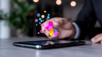 Person interacting with digital pie charts and data points on a tablet.