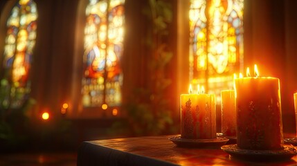 Lit candles of various sizes on a table with blurred stained glass windows and warm lighting in the background.