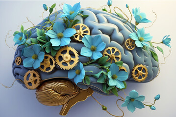A surreal brain with intricate gears and blooming flowers interwoven, symbolizing creativity, mental health, and harmonious imagination.