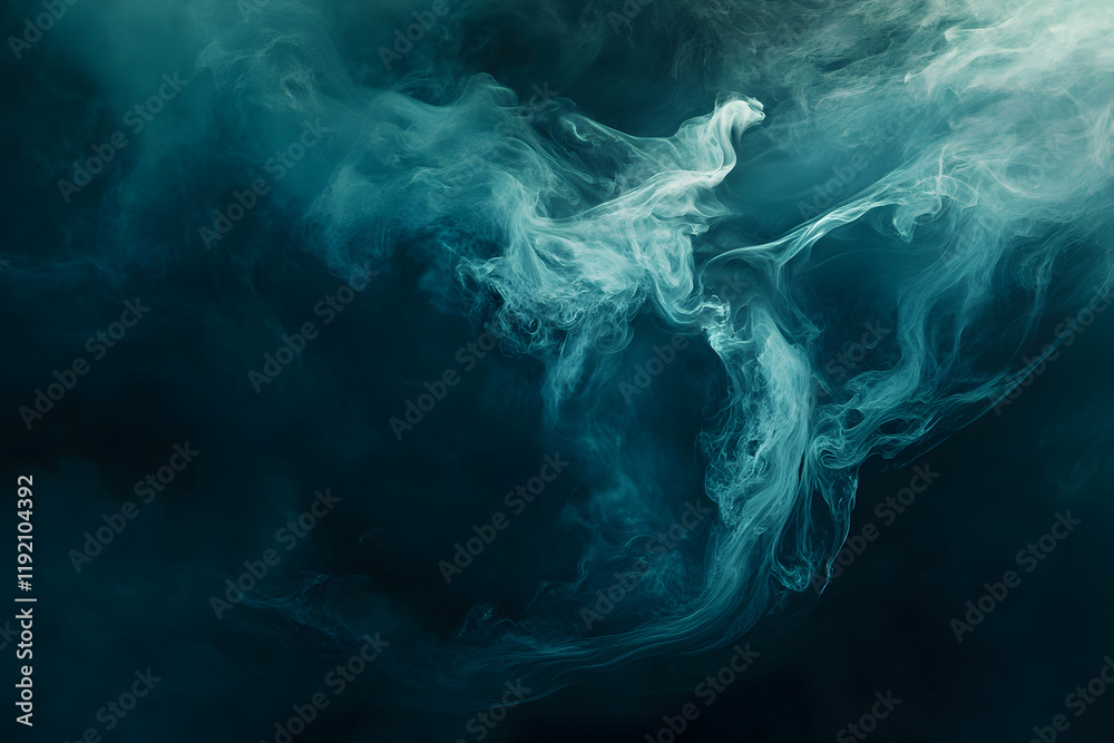 Wall mural flowing liquid-like shapes in deep teal and vibrant cyan, with a smooth transition over a dark backd