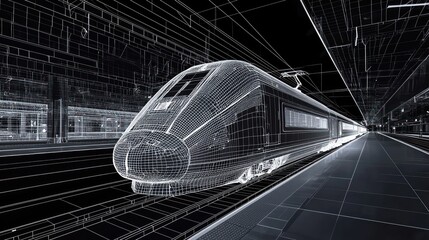 Obraz premium Fast transit illustrated by a modern train in an abstract 3D wireframe at a station.