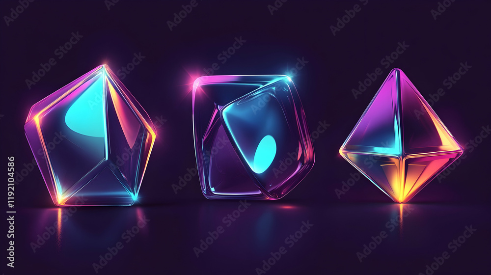Canvas Prints futuristic 3d geometric shapes with metallic textures, glowing edges, and a dark gradient backdrop