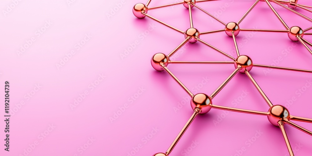 Poster abstract 3d network structure with metallic nodes and pink background for technology and art concept