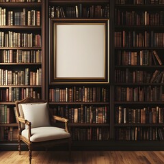 Cozy Library Nook with Empty Frame Hanging on Wall Beside Bookshelves