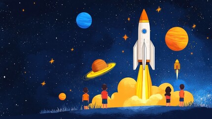Children Gazing at Colorful Rocket Launch in Space Adventure with Planets and Stars