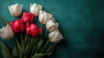 Elegant bouquet of red and white tulips against a deep teal background — romantic, sophisticated floral arrangement perfect for Valentine’s Day, weddings, or spring celebrations.