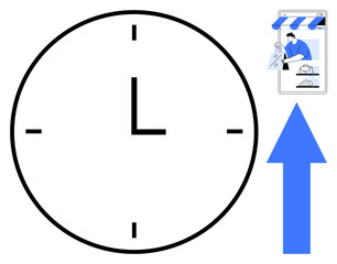 Large clock with minimal markings, blue upward arrow, smartphone screen displaying online shopping. Ideal for e-commerce, time management, delivery services, efficiency, productivity, scheduling