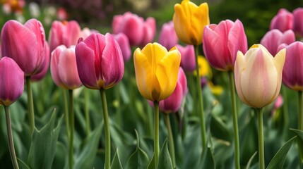 Vibrant tulips in pink, purple, and sunny yellow bloom together in a lush garden — cheerful, colorful spring display perfect for celebrations, greetings, or nature-inspired designs.