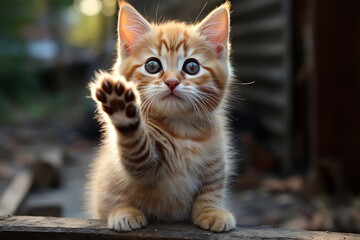 A playful ginger kitten reaches out with its paw, as if asking for attention or a playful pat.