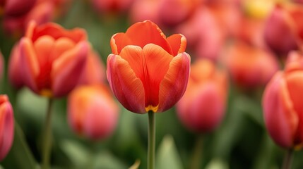 Tulip background - Vibrant orange-red tulips bloom in a soft-focus garden, their petals glowing warmly against blurred green leaves — a cheerful, springtime scene full of natural beauty.