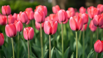 A field of vibrant pink tulips swaying gently in soft sunlight — romantic, serene spring scene perfect for celebrations, greetings, or nature-inspired designs.