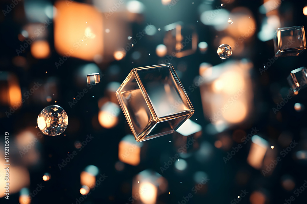 Wall mural intricate 3d abstract cubes and spheres with light reflections, floating on a dark background