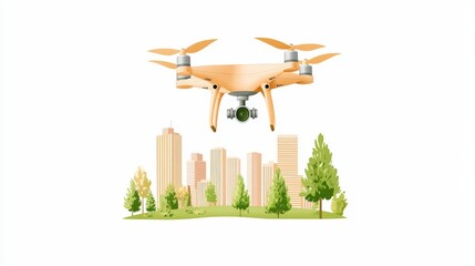 Aerial Drone Flying Over Urban Cityscape with Modern Buildings and Lush Green Trees Below
