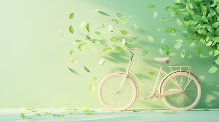A pale green bicycle with brown handlebars is positioned against a matching pale green background