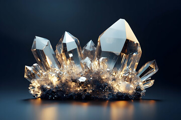 Intricate 3D crystalline structures with reflective surfaces, creating depth on a neutral dark background