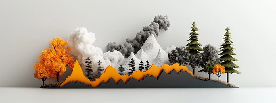 A 3D rendered infographic depicting a stylized landscape that visually compares the frequencies and intensities of various natural disasters such as earthquakes volcanoes tornadoes hurricanes