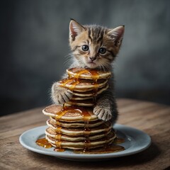 A kitten perched on a stack of pancakes, playfully pawing at the syrup.