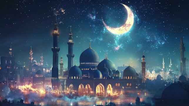 Night cityscape, crescent moon, mosque, celebration, festive background, ideal for greeting cards